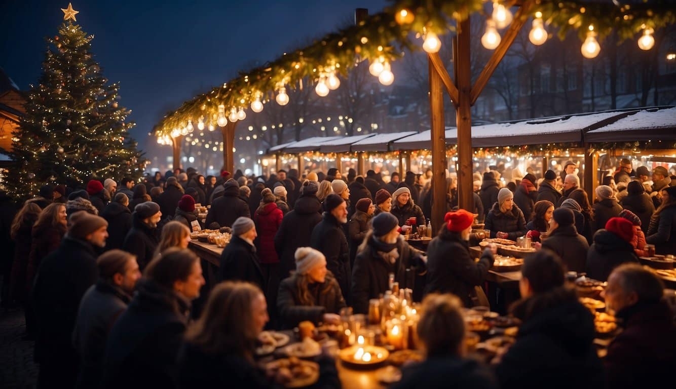 A festive Christmas market scene with steaming mugs of mulled wine and sizzling sausages, surrounded by twinkling lights and bustling crowds