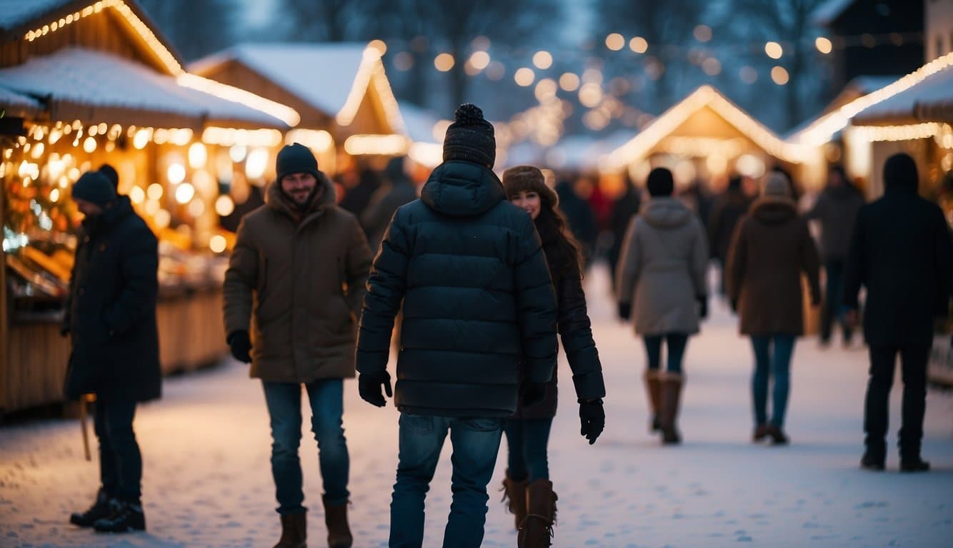 A bustling Christmas market with a brightly lit ice skating rink surrounded by festive stalls and joyful visitors