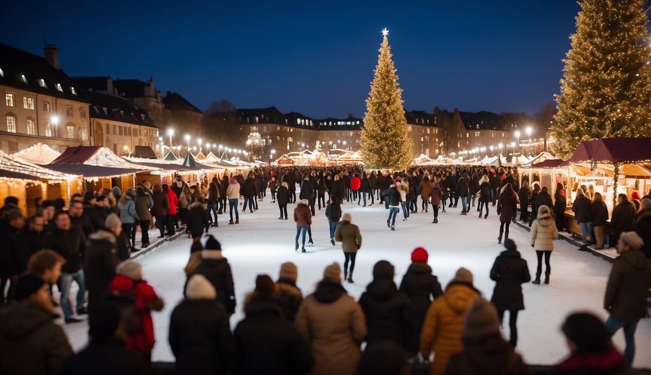 Glowing lights illuminate the festive ice skating rink, surrounded by charming stalls and joyful crowds at the Christmas market