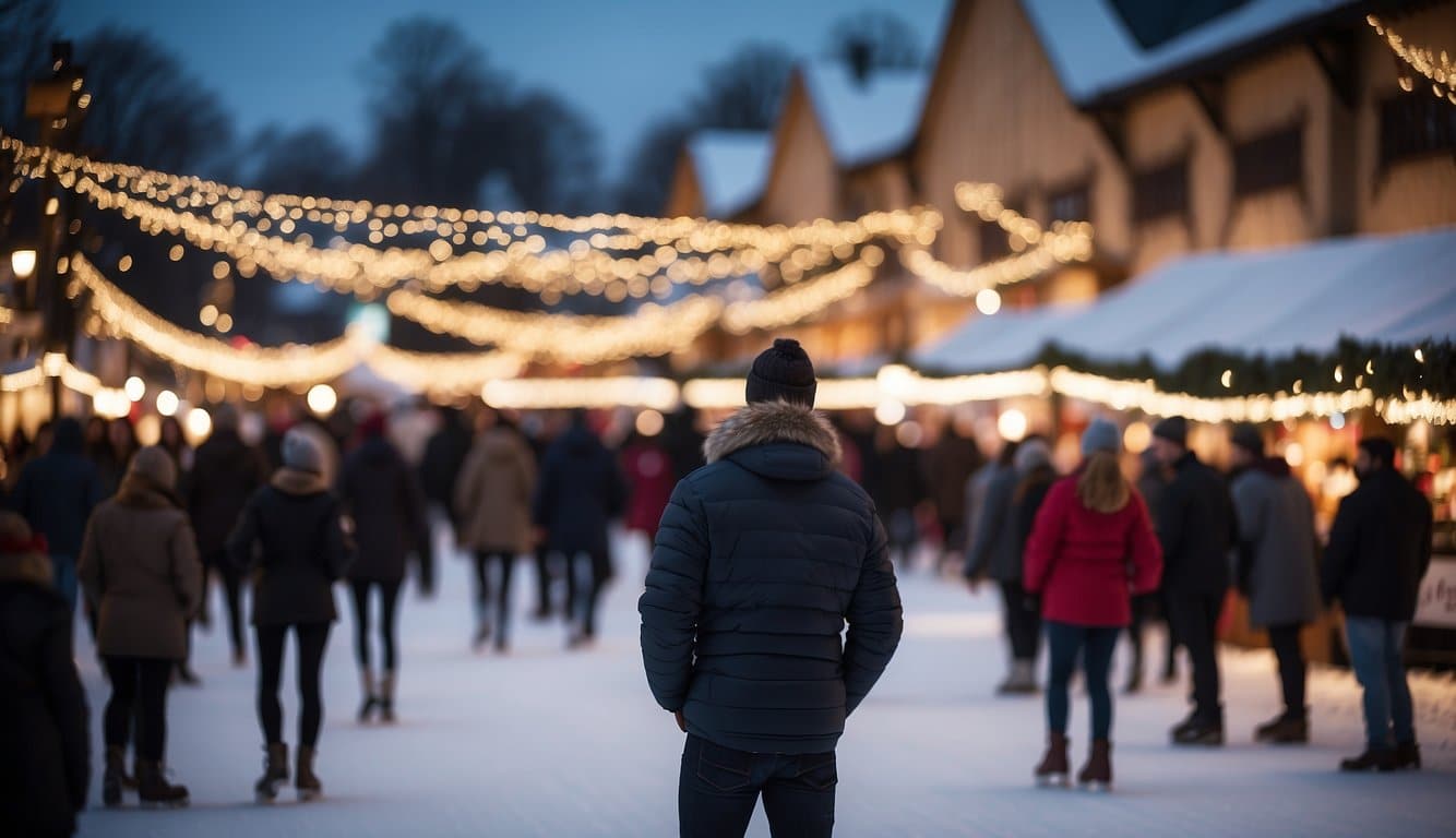 A festive ice skating rink glows with twinkling lights, surrounded by bustling Christmas market stalls and joyful holiday decorations