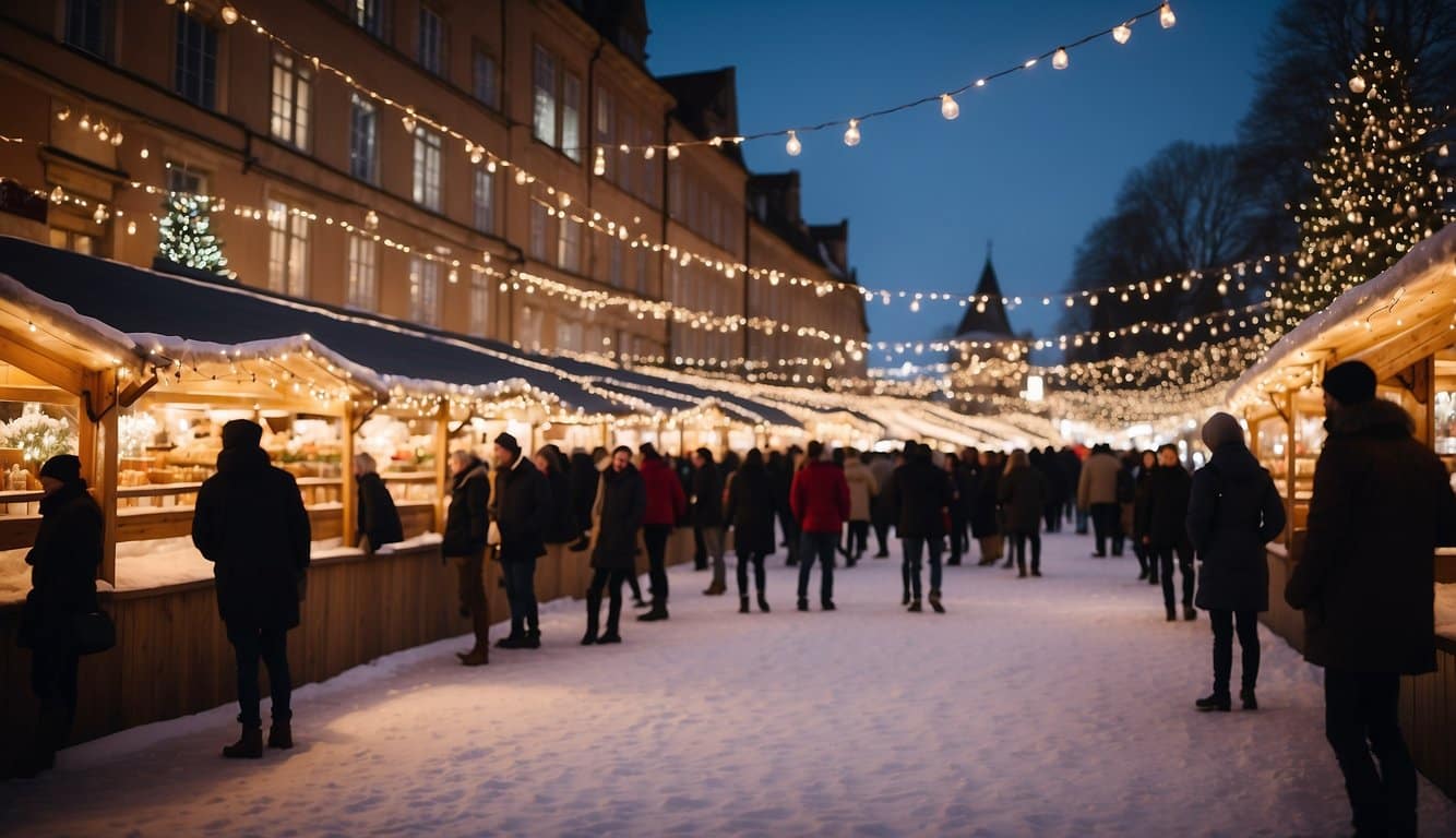 Sparkling ice rink surrounded by festive stalls and twinkling lights, creating a magical atmosphere at Christmas markets