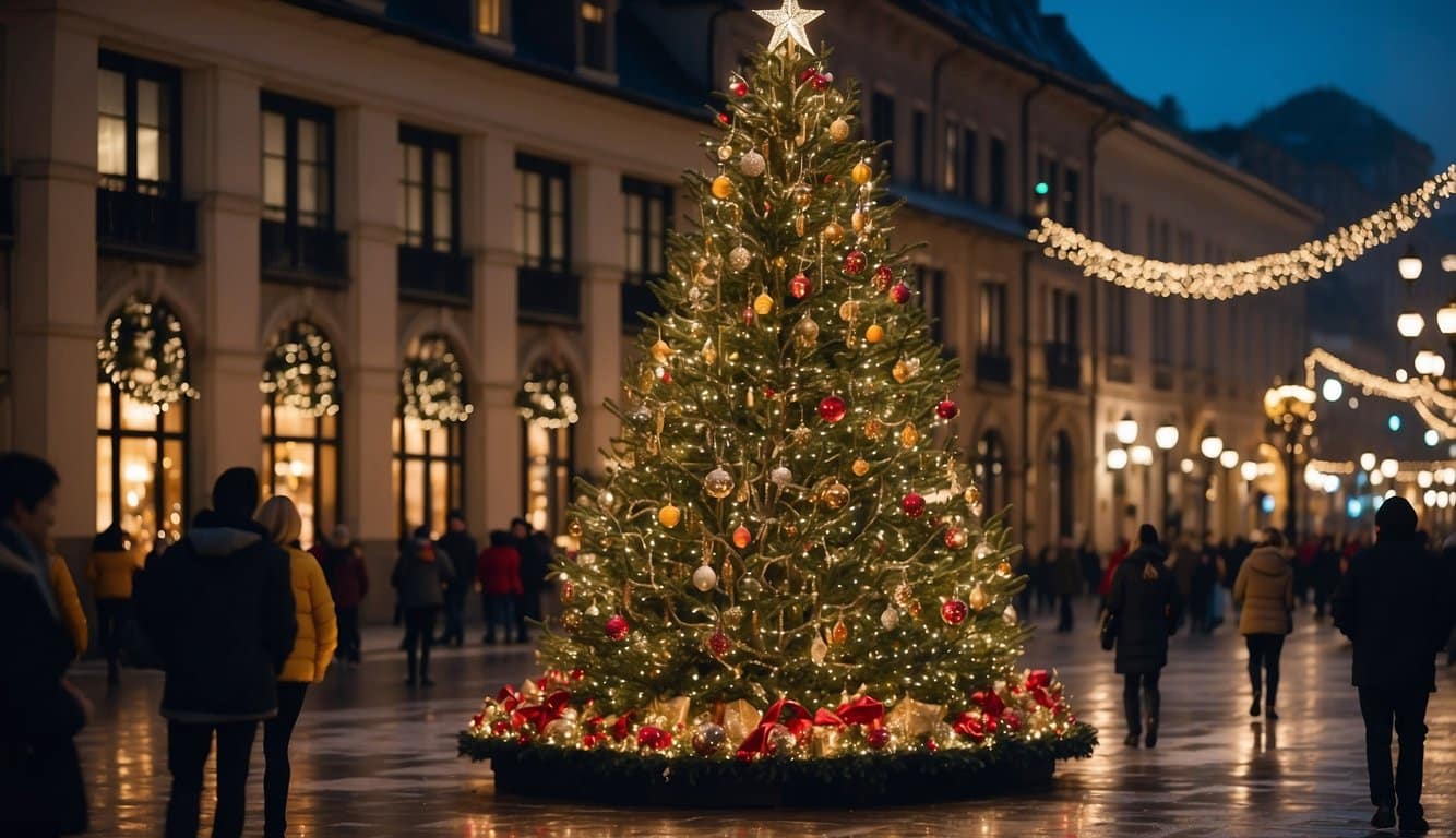 A grand Christmas tree adorned with twinkling lights, colorful ornaments, and a shining star topper stands tall in a bustling town square