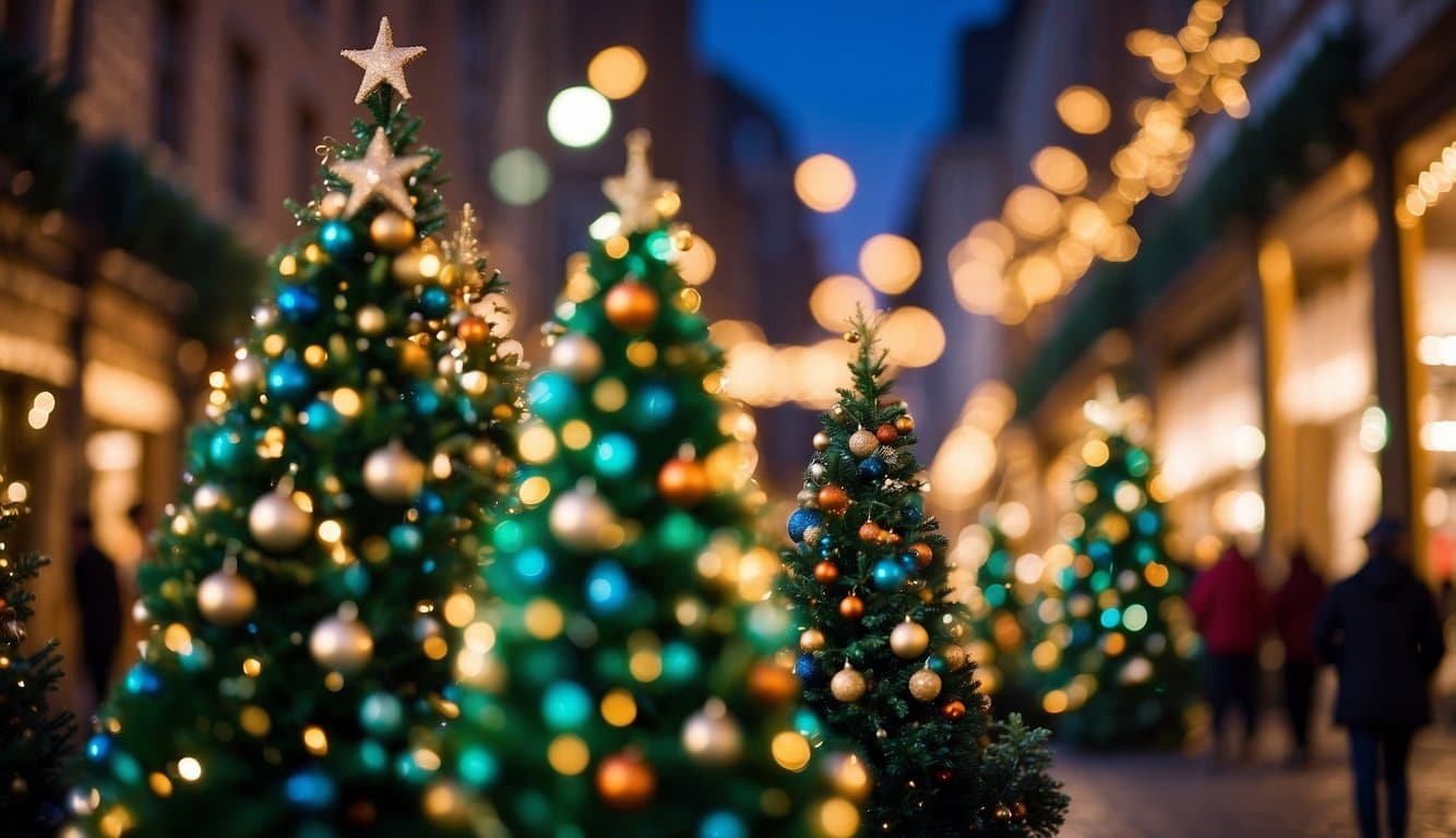 Vibrant, themed Christmas trees line a festive street, each adorned with unique regional decorations. A crowd admires the must-see displays