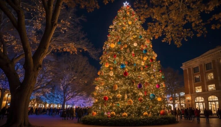 A stunning Christmas tree display stands in the plaza, adorned with colorful ornaments and lights. The scene is beautifully complete with lit trees surrounding it and a cheerful crowd gathering to admire the festive spectacle.