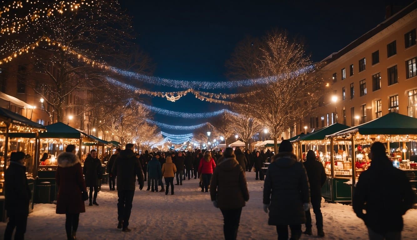 A bustling town square adorned with colorful lights, bustling with people, and filled with the sound of Christmas music at festive holiday markets