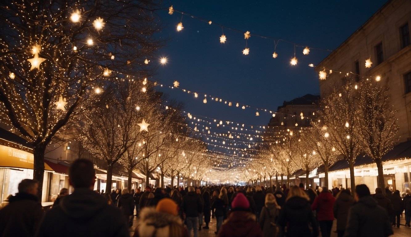 Festive lights twinkle as Christmas music fills the air at the bustling festival. Decorated trees and joyful crowds create a merry atmosphere