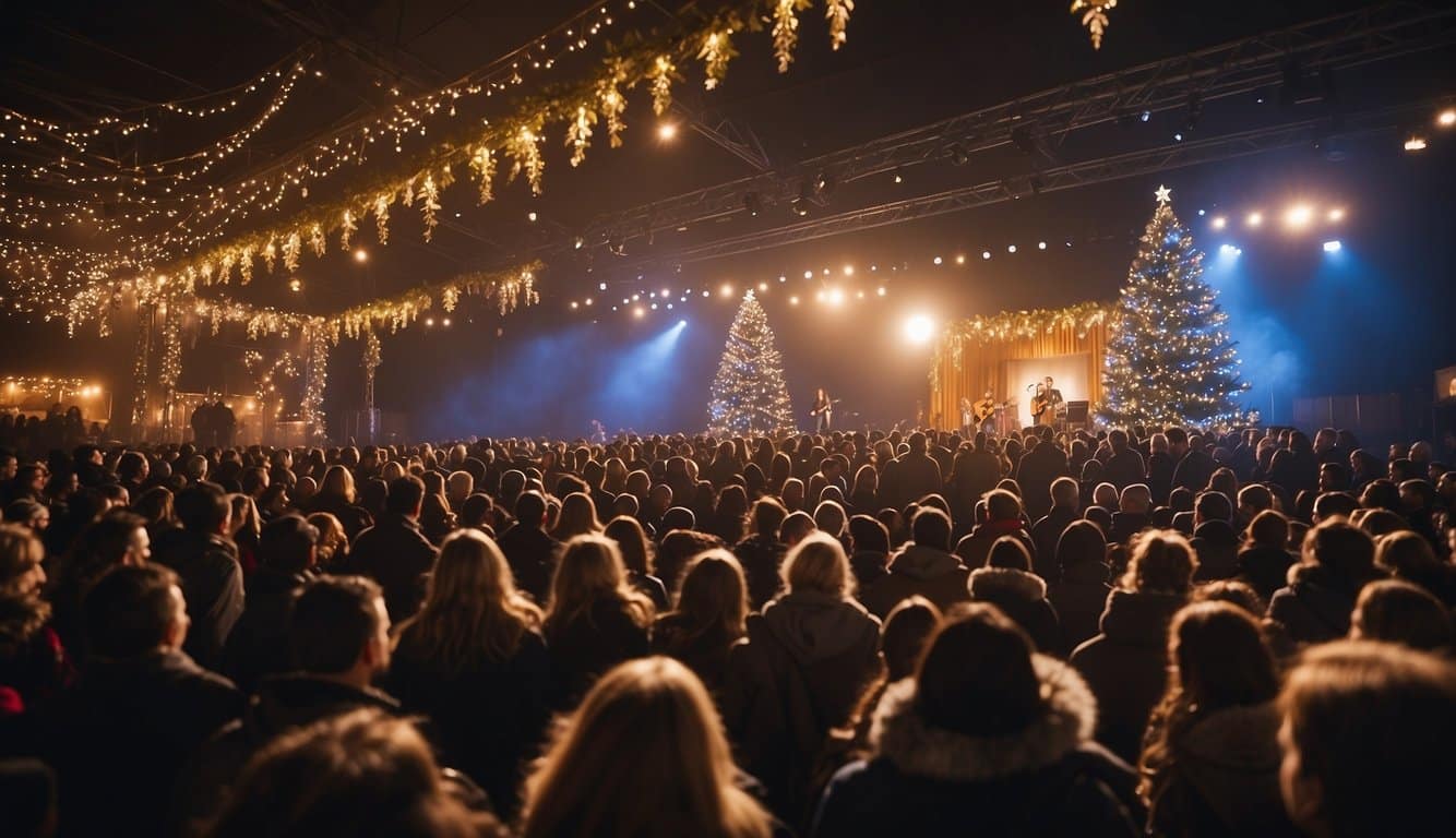 Crowds gather around a stage, adorned with festive decorations, as musicians play joyful Christmas tunes. The air is filled with the sound of carols, bringing warmth and cheer to the holiday festivities