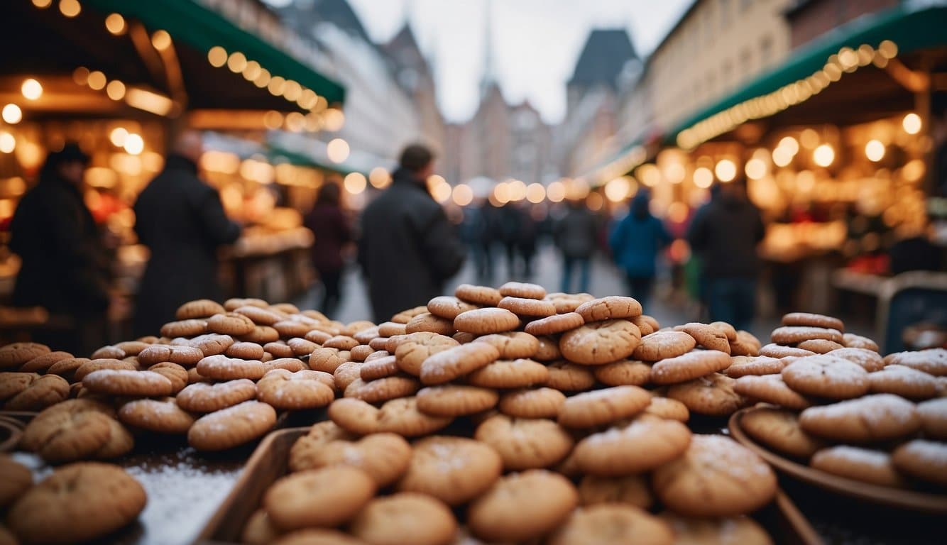 A bustling Christmas market with vendors selling traditional foods from all over the USA, including hot apple cider, gingerbread cookies, and roasted chestnuts