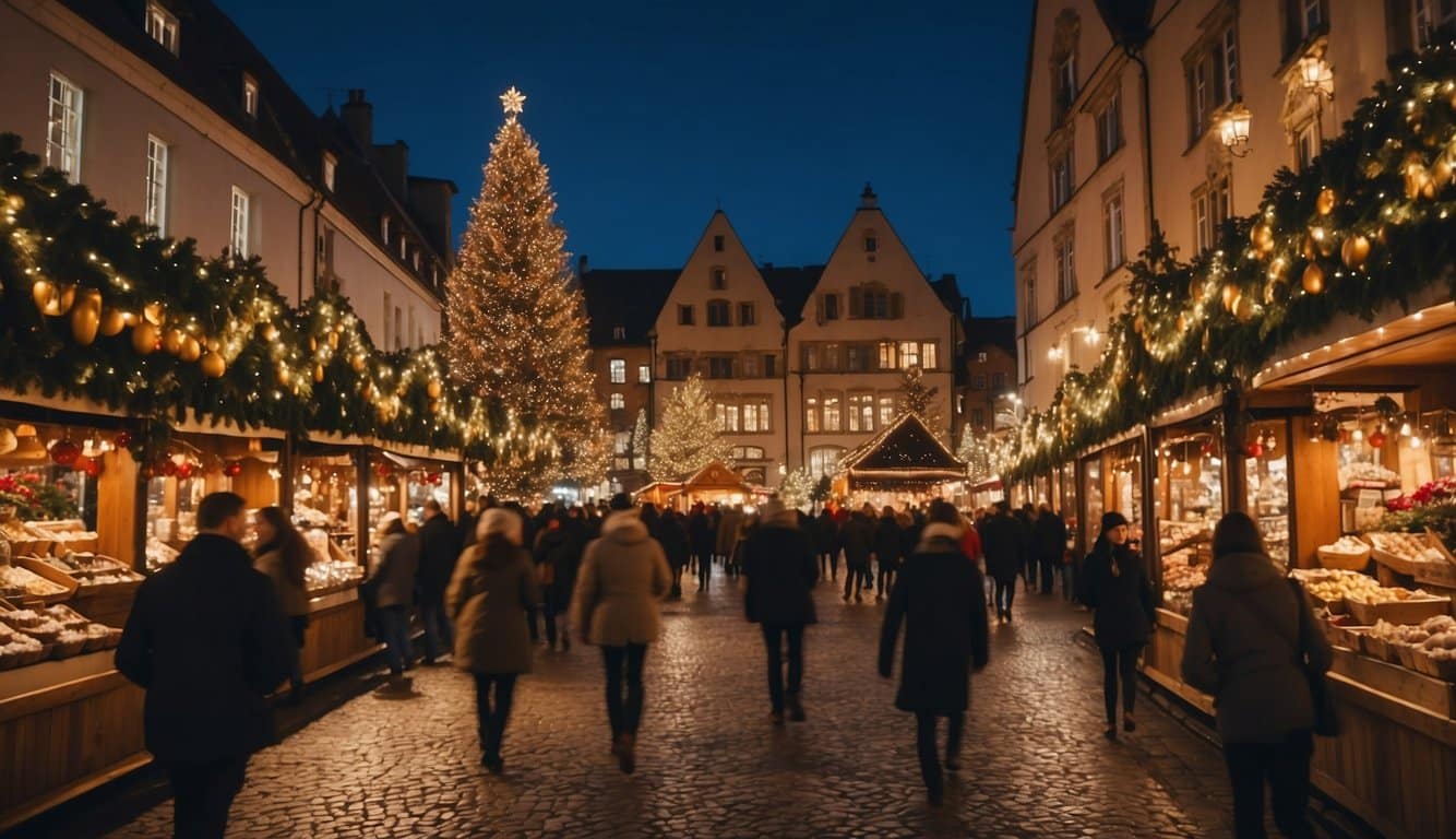 A bustling Christmas market with colorful stalls, twinkling lights, and festive decorations, surrounded by historic buildings and a lively atmosphere