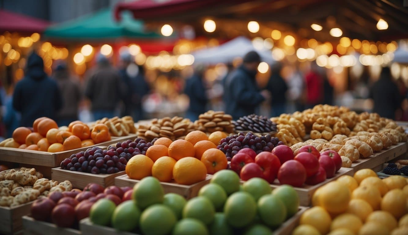 Colorful market stalls display traditional Christmas foods from across the USA, including unique and must-try offerings. A festive atmosphere fills the air as visitors sample the delicious treats