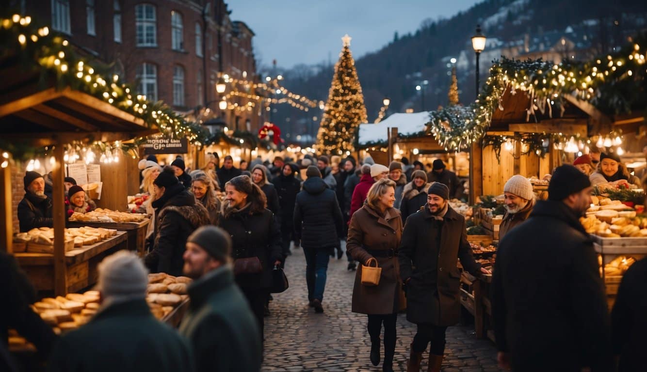 A bustling Christmas market filled with vendors selling traditional holiday foods from across the USA. Tables are lined with hearty mains and festive meals, surrounded by merry crowds