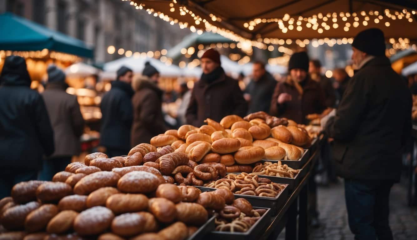 A bustling Christmas market with vendors selling traditional foods from different regions of the USA. The aroma of sizzling sausages, warm pretzels, and sweet pastries fills the air as visitors sample the diverse culinary offerings