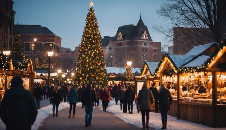 People stroll through an iconic Christmas market, buzzing with holiday cheer. They wander past wooden stalls brimming with festive goods, all set against a backdrop of a large adorned tree, while snow gently blankets the scene.