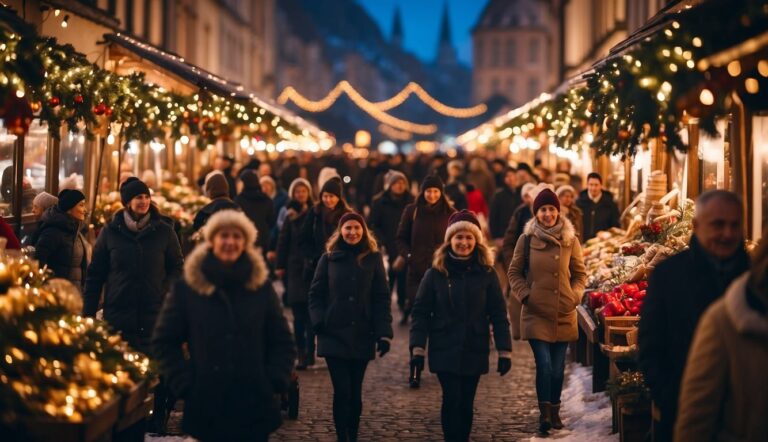 People in warm clothing stroll through a lively, pioneering Christmas market at dusk, lined with charmingly decorated stalls.