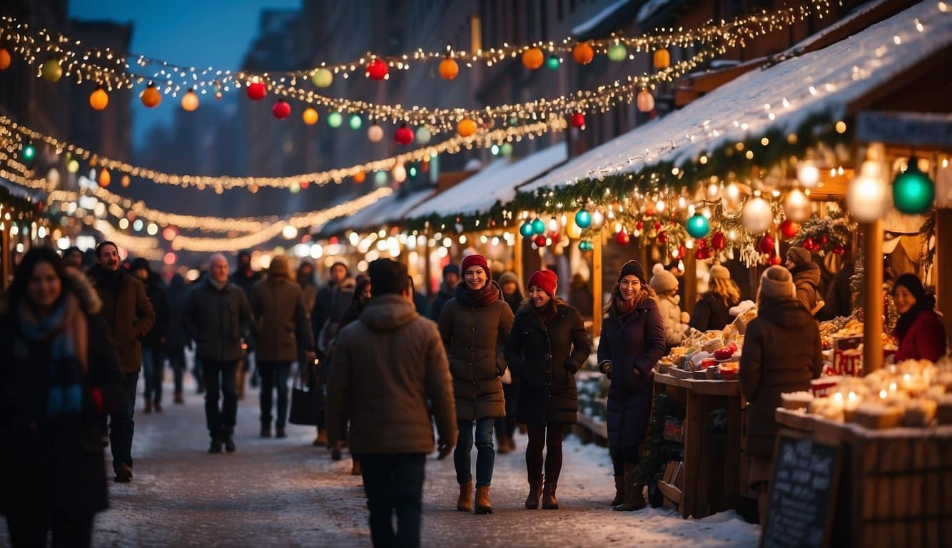 Colorful stalls line the streets, adorned with twinkling lights and festive decorations. People wander, sipping hot cocoa and browsing handcrafted gifts. A joyful atmosphere fills the air