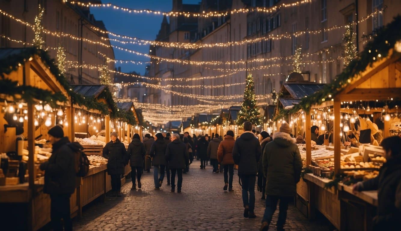 A bustling Christmas market with historic buildings, decorated with twinkling lights and traditional stalls selling festive treats and crafts