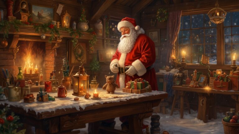 Santa Claus in a cozy workshop surrounded by gifts and lanterns, with a snowy window and fireplace in the background.