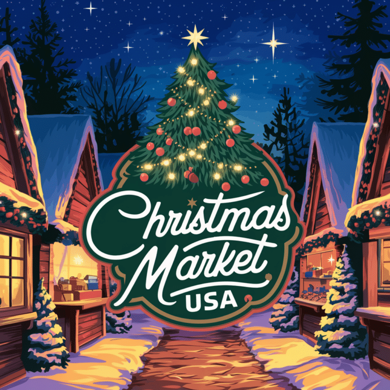 Illustration of a Christmas market at night with decorated cabins and a large Christmas tree. A sign reads "Christmas Market USA." Snow covers the roofs and ground under a starry sky.