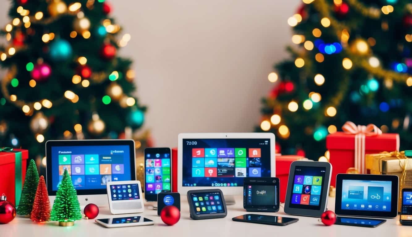 A festive holiday scene with a variety of electronic gadgets and devices displayed with bright, colorful Christmas decorations and lights