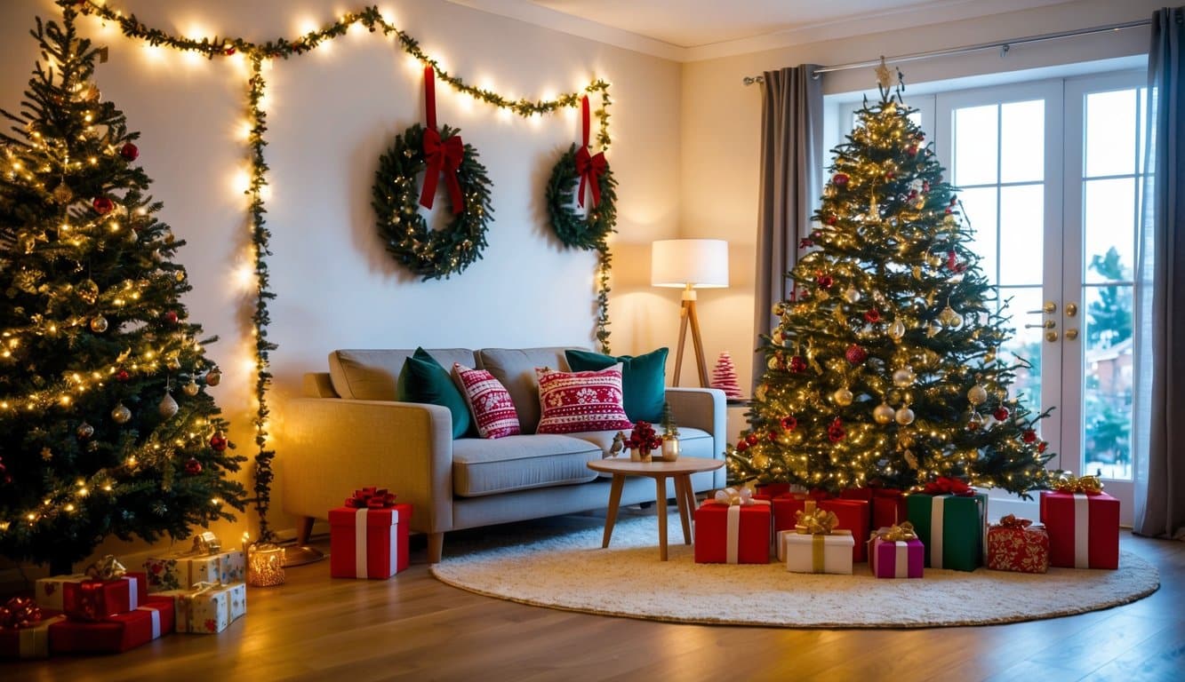 A cozy living room decorated with twinkling lights, a festive wreath on the door, and a beautifully adorned Christmas tree surrounded by presents