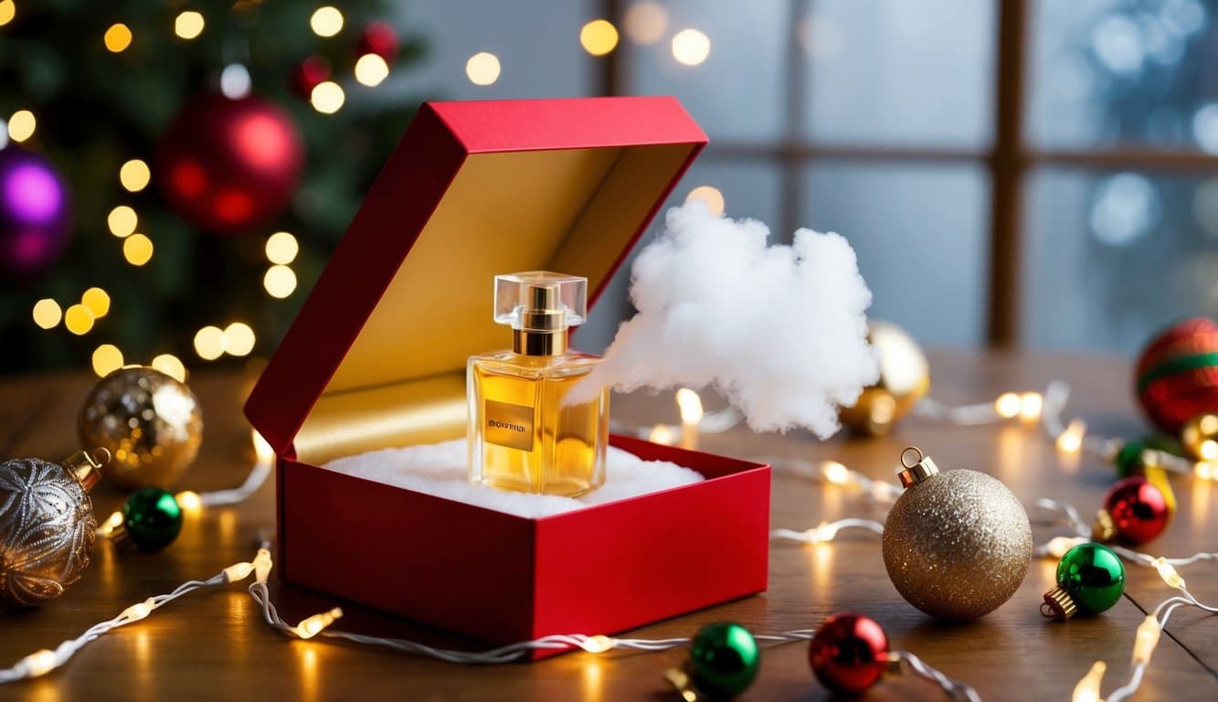 A festive gift box opens, releasing a cloud of AI-infused perfume, surrounded by Christmas decorations and twinkling lights