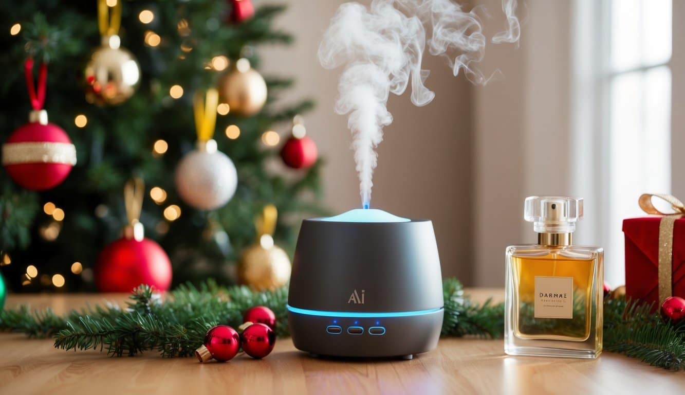 A festive AI device releases various scents into the air. A wrapped perfume bottle sits nearby, surrounded by holiday decorations