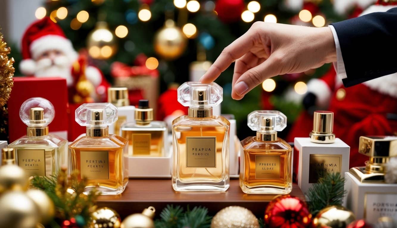 A hand reaches out to select a beautifully wrapped perfume bottle from a display of various fragrances, surrounded by festive Christmas decorations