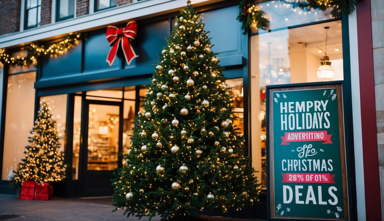 A festive storefront with twinkling lights, a large Christmas tree, and a sign advertising holiday deals