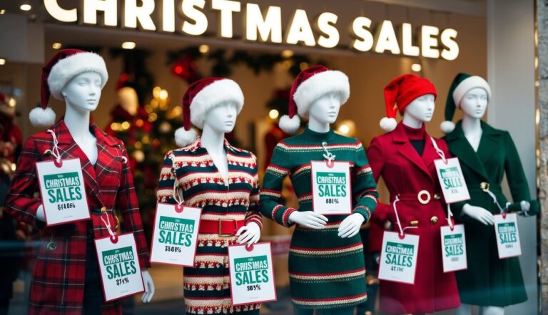 Mannequins dressed in festive outfits with Santa hats display Christmas sale signs, showing discounts of various percentages in a store window.