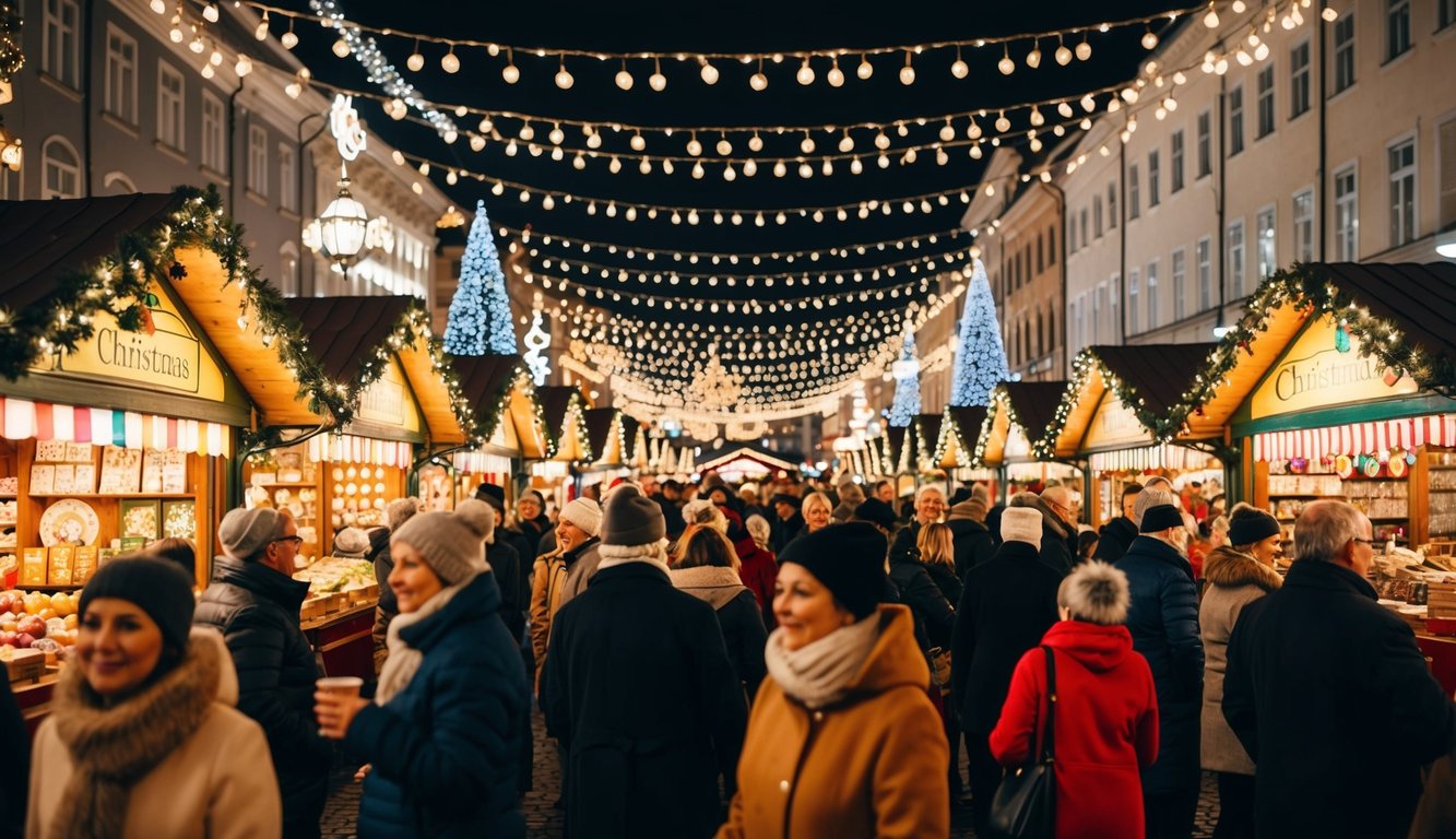 A bustling Christmas market with colorful stalls, twinkling lights, and festive decorations, surrounded by joyful crowds and the scent of mulled wine and roasted chestnuts