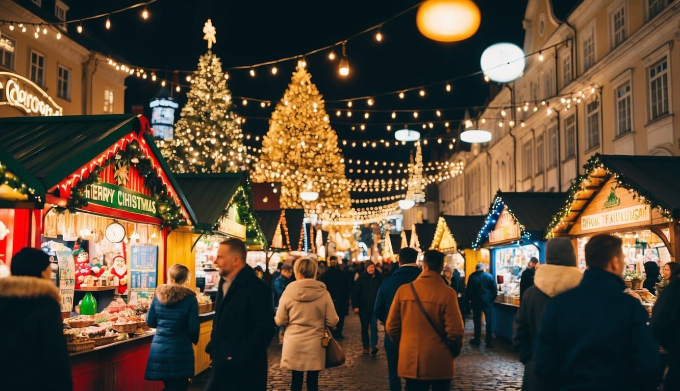 A bustling Christmas market with colorful stalls, twinkling lights, and diverse cultural displays, bringing together people from different backgrounds in a festive atmosphere