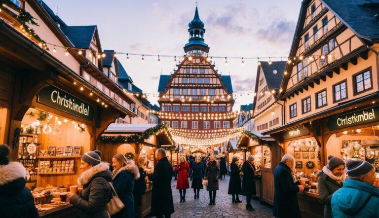 People walking through a festive Christmas market with wooden stalls, string lights, and a historic building in the background.