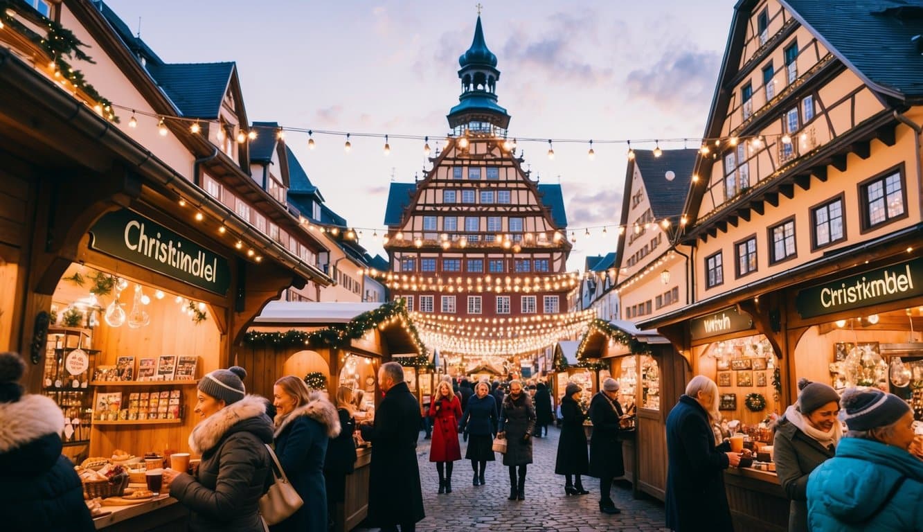 A bustling Christkindlmarket with festive stalls, twinkling lights, and traditional German architecture. Visitors savoring mulled wine and browsing handmade crafts