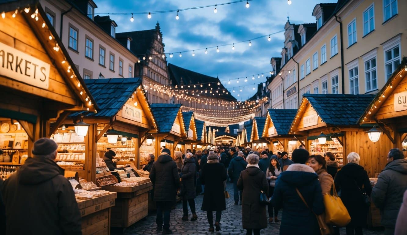 A festive market with traditional wooden stalls, twinkling lights, and bustling crowds surrounded by historic buildings