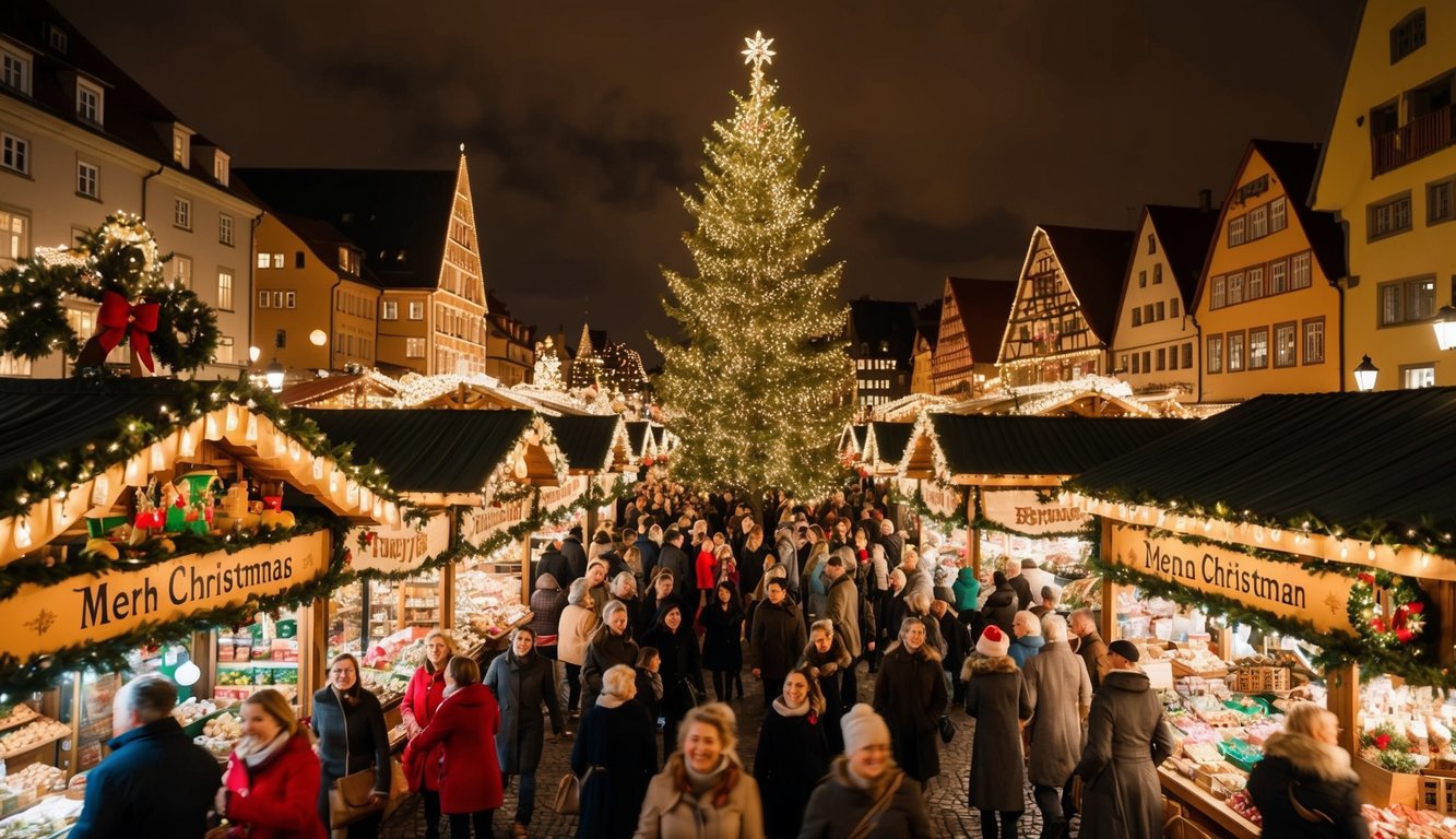 A bustling market filled with festive stalls, twinkling lights, and traditional German decorations. A large Christmas tree stands at the center, surrounded by joyful visitors