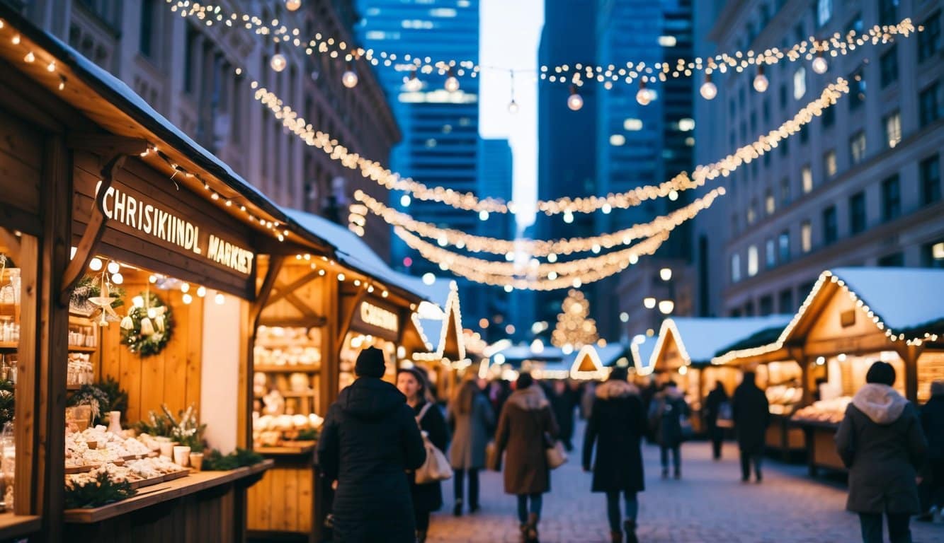 A bustling Christkindlmarket in Chicago with traditional wooden stalls, twinkling lights, and festive decorations