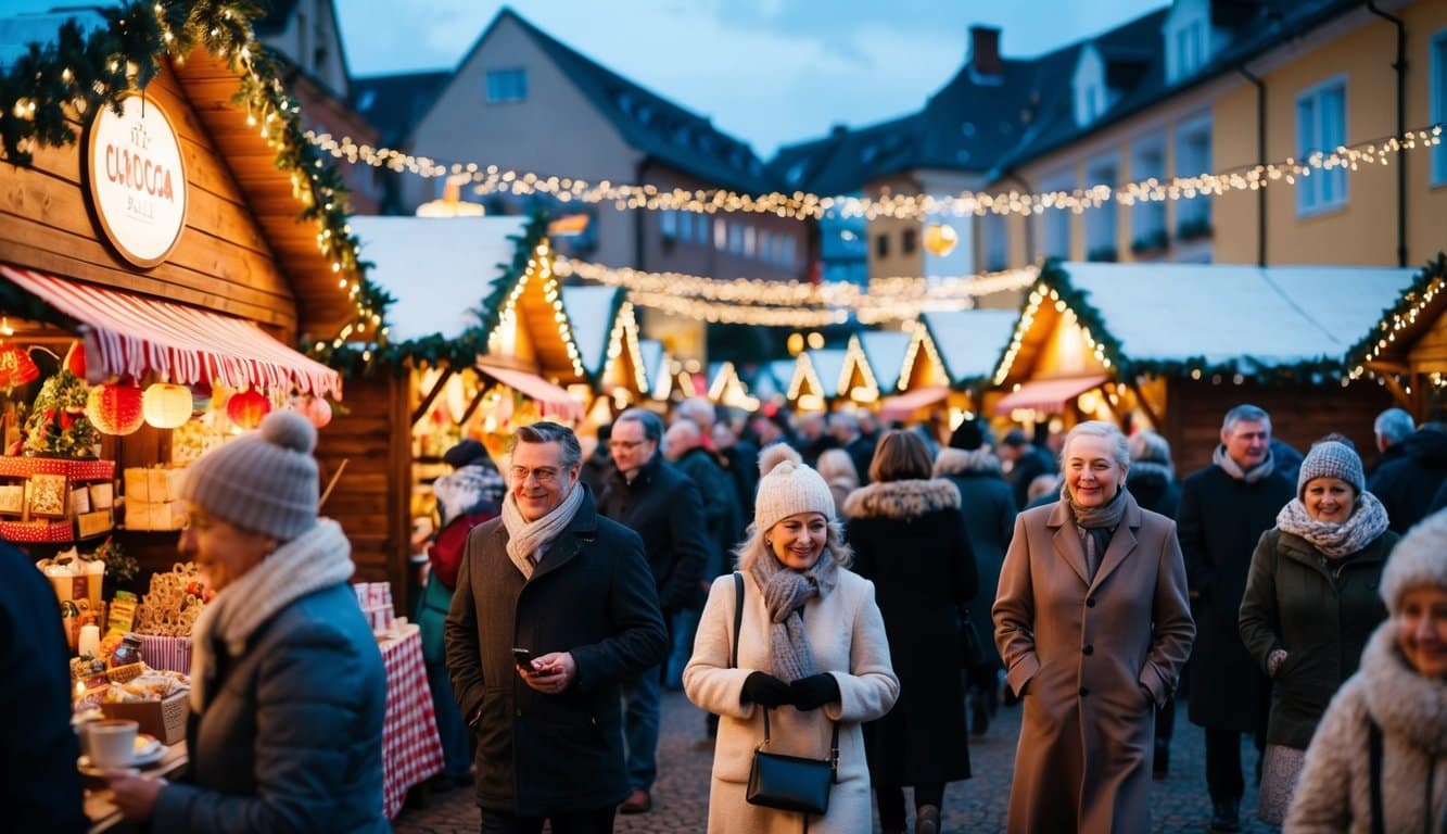 Crowds wander among festive stalls, adorned with twinkling lights and colorful decorations. The scent of hot cocoa and roasted nuts fills the air, as visitors explore the unique gifts and crafts on display