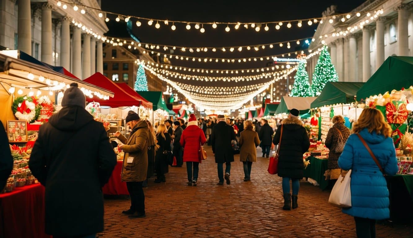 A bustling holiday market at Columbus Circle, with vendors selling handmade crafts and festive decorations under twinkling lights