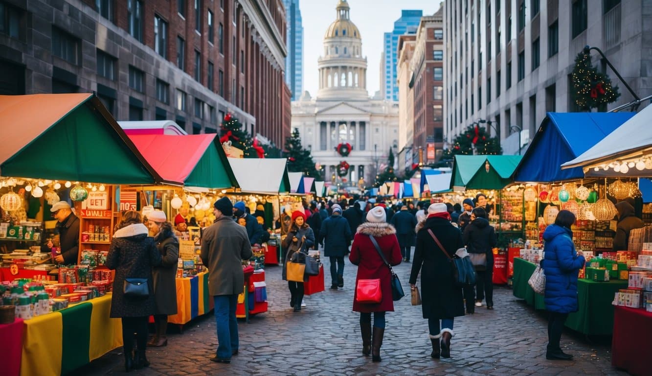 A bustling market filled with colorful stalls and a variety of vendors selling unique holiday gifts and products at Columbus Circle