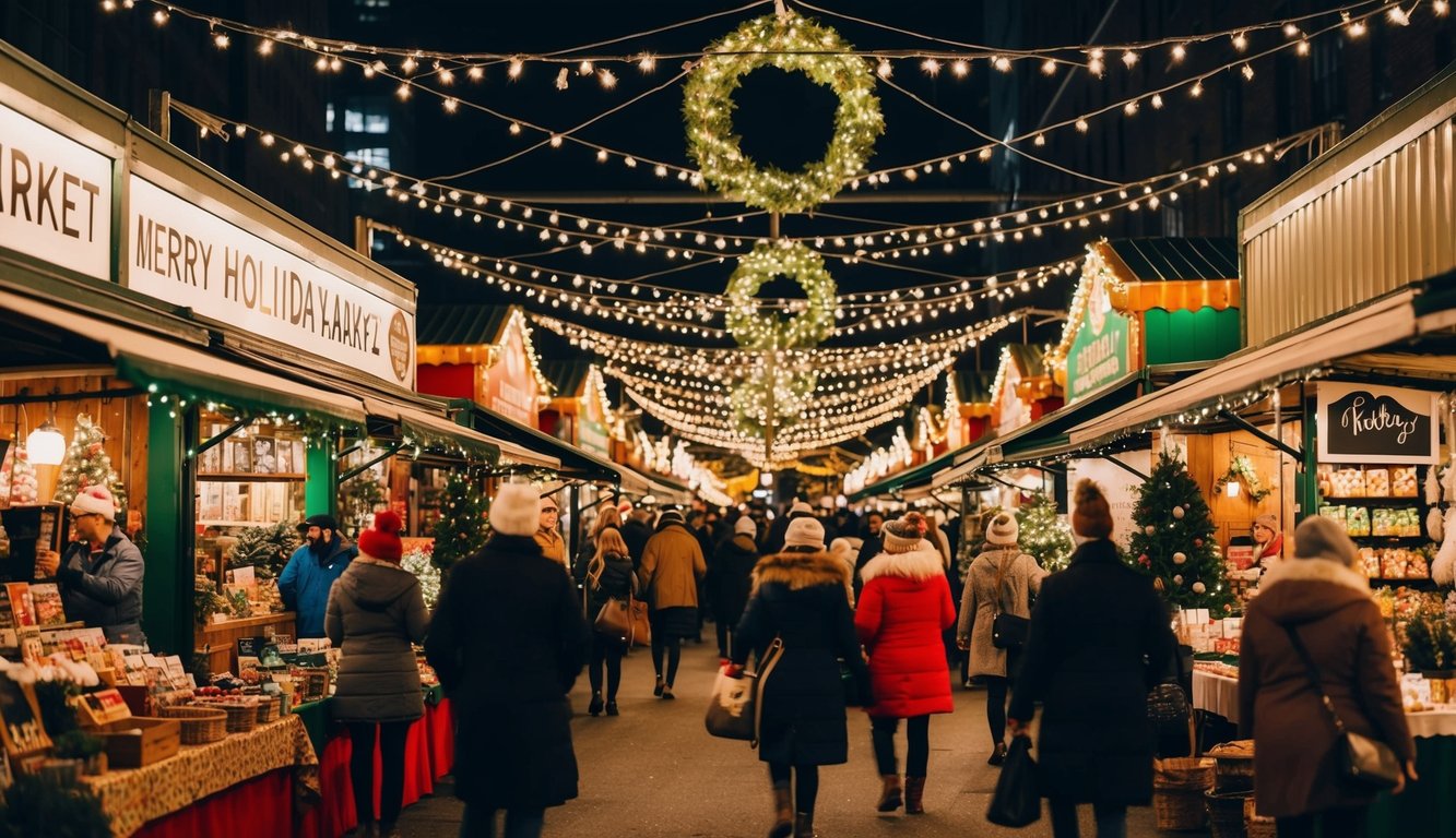 A bustling holiday market with twinkling lights, festive decorations, and an array of unique vendors selling handcrafted goods