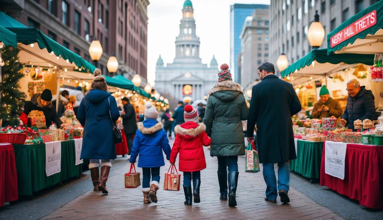 Families browse festive stalls at Columbus Circle Holiday Market, enjoying seasonal crafts and treats