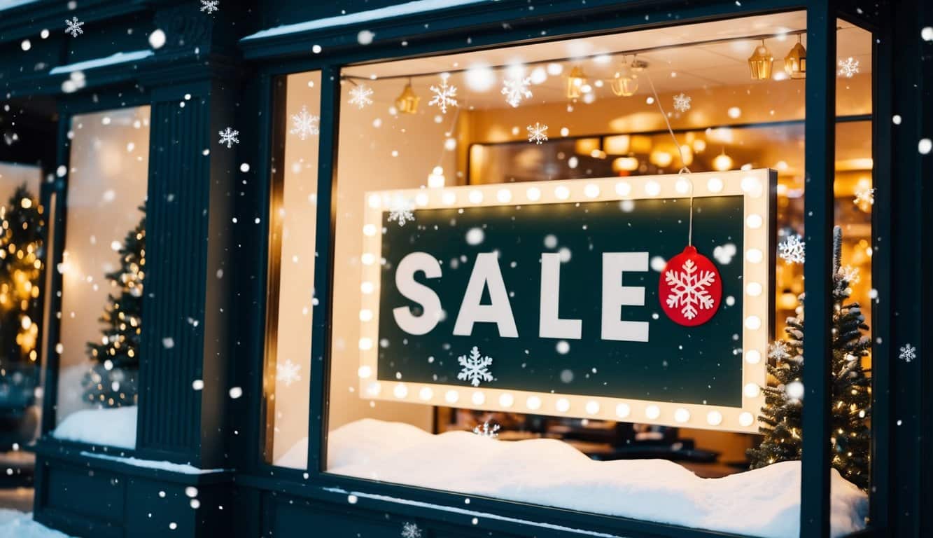 A festive storefront with glowing lights and a large "Sale" sign. Snowflakes falling gently in the background