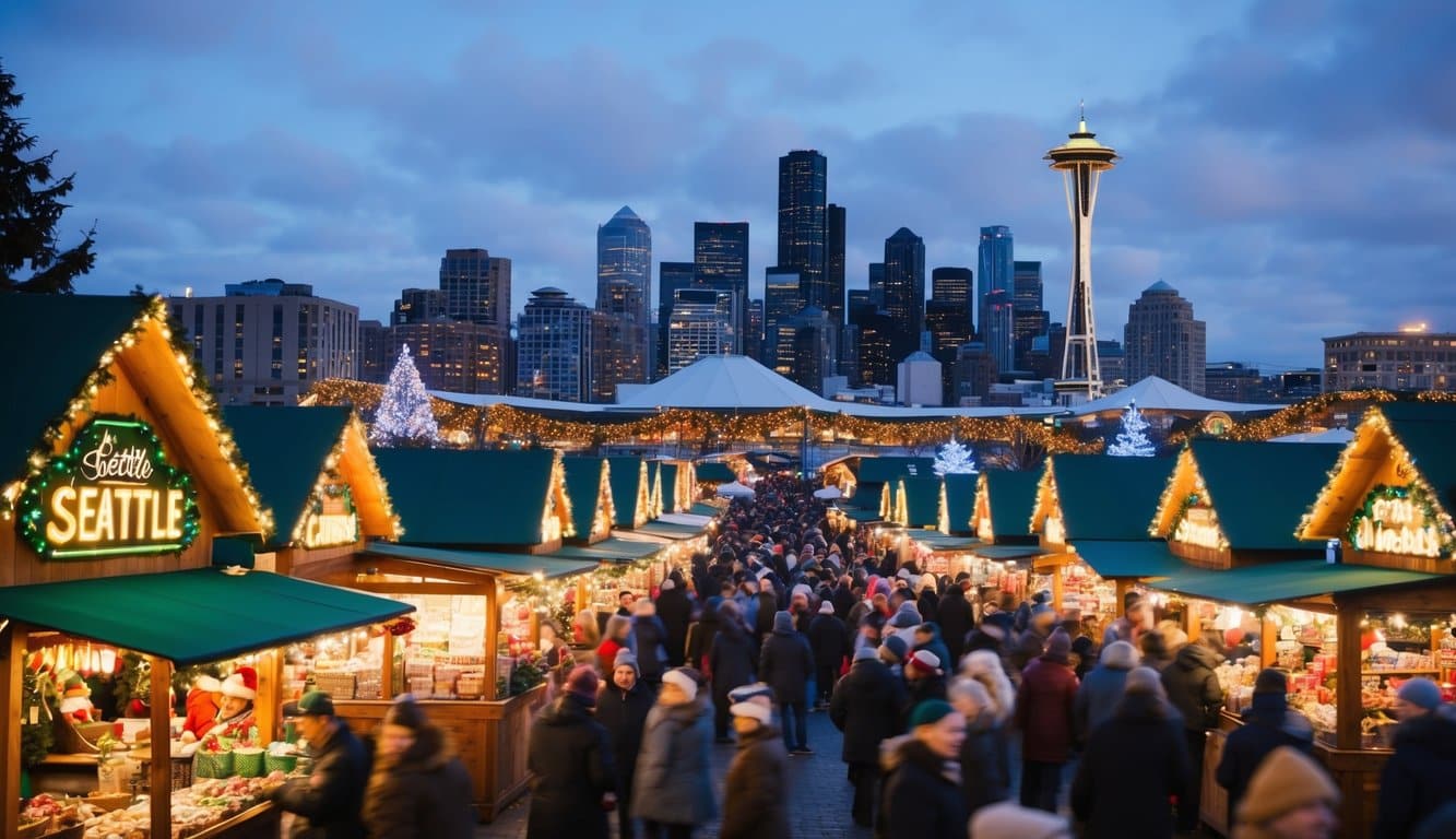 A bustling Christmas market in Seattle, filled with festive stalls and twinkling lights, surrounded by the city's iconic skyline