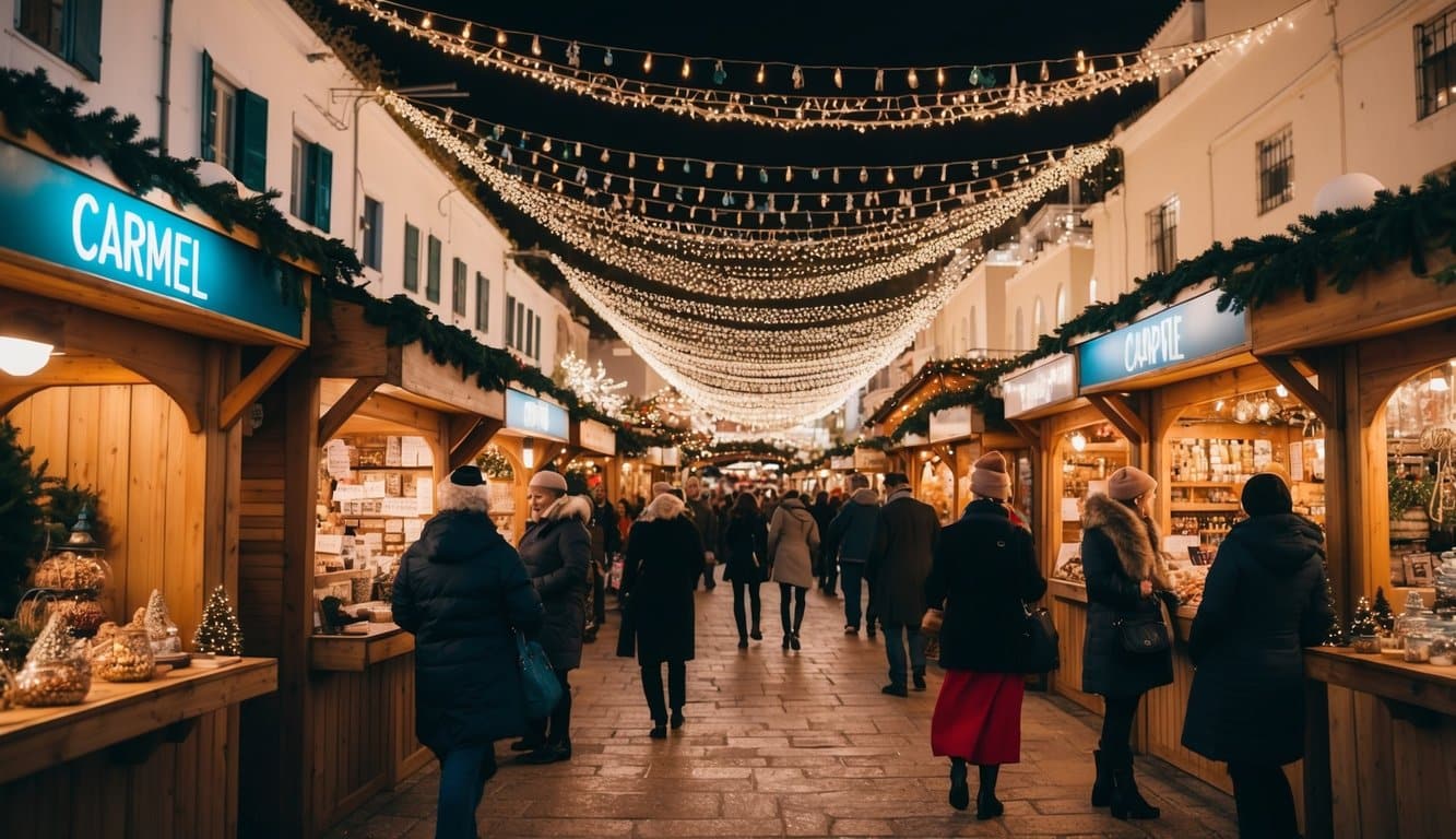 A bustling Christmas market with charming wooden stalls, twinkling lights, and festive decorations in Carmel, IN