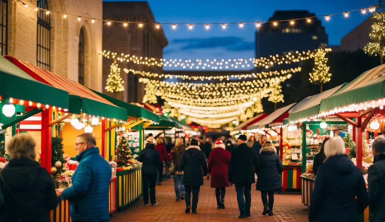 A bustling Christmas market in Arlington, TX with colorful stalls, twinkling lights, and festive decorations