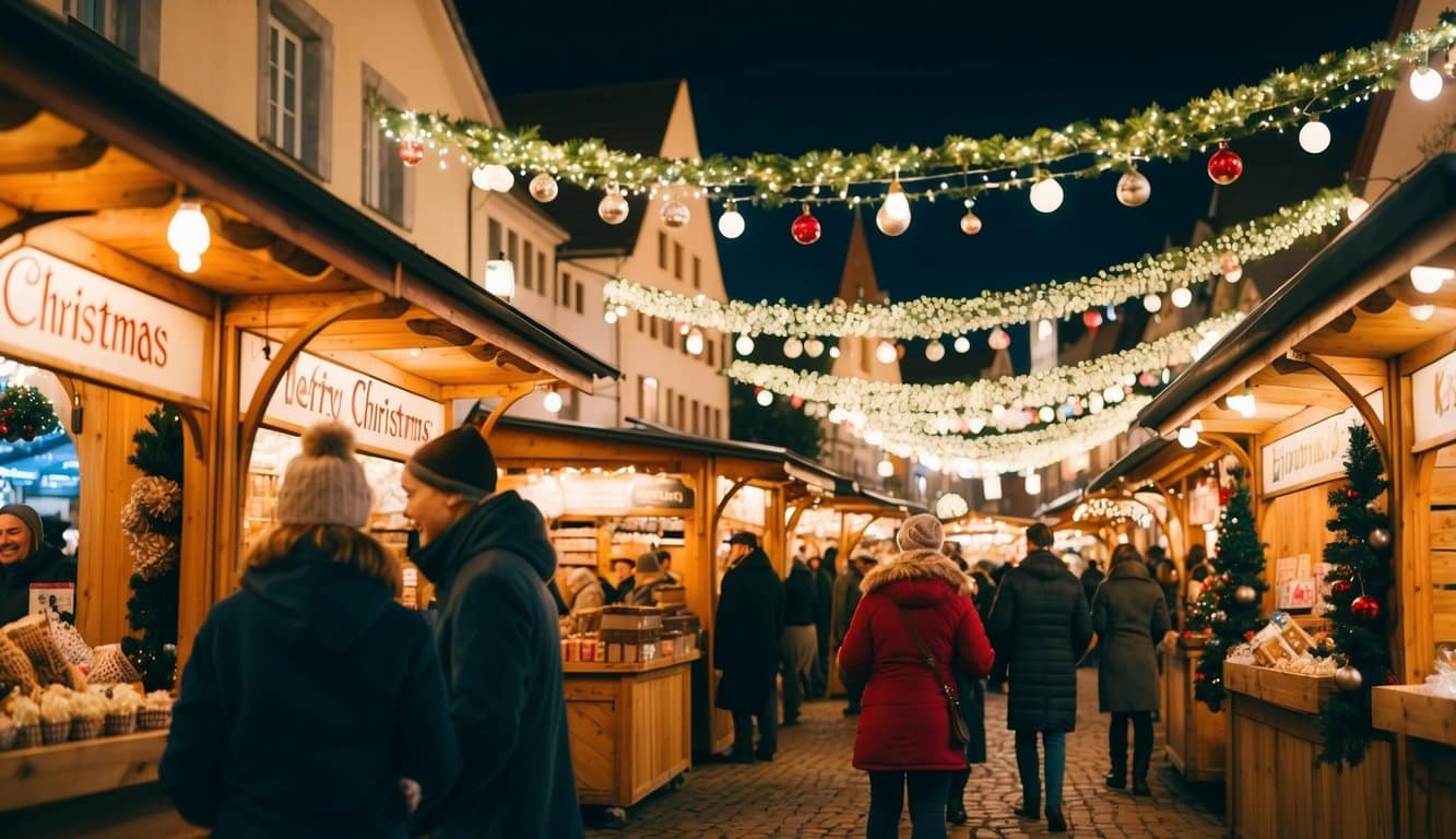 A bustling Christmas market with wooden stalls, twinkling lights, and festive decorations in a charming town setting