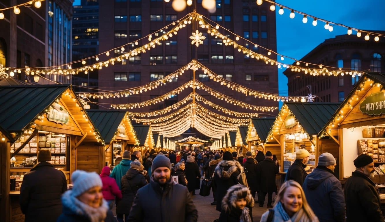 Festive holiday market with twinkling lights, wooden stalls, and bustling crowds in Pittsburgh, PA