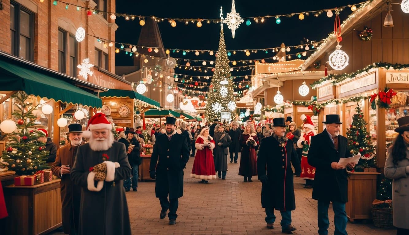 Victorian Christmas market with festive decorations, carolers, and vendors in Nevada City, CA