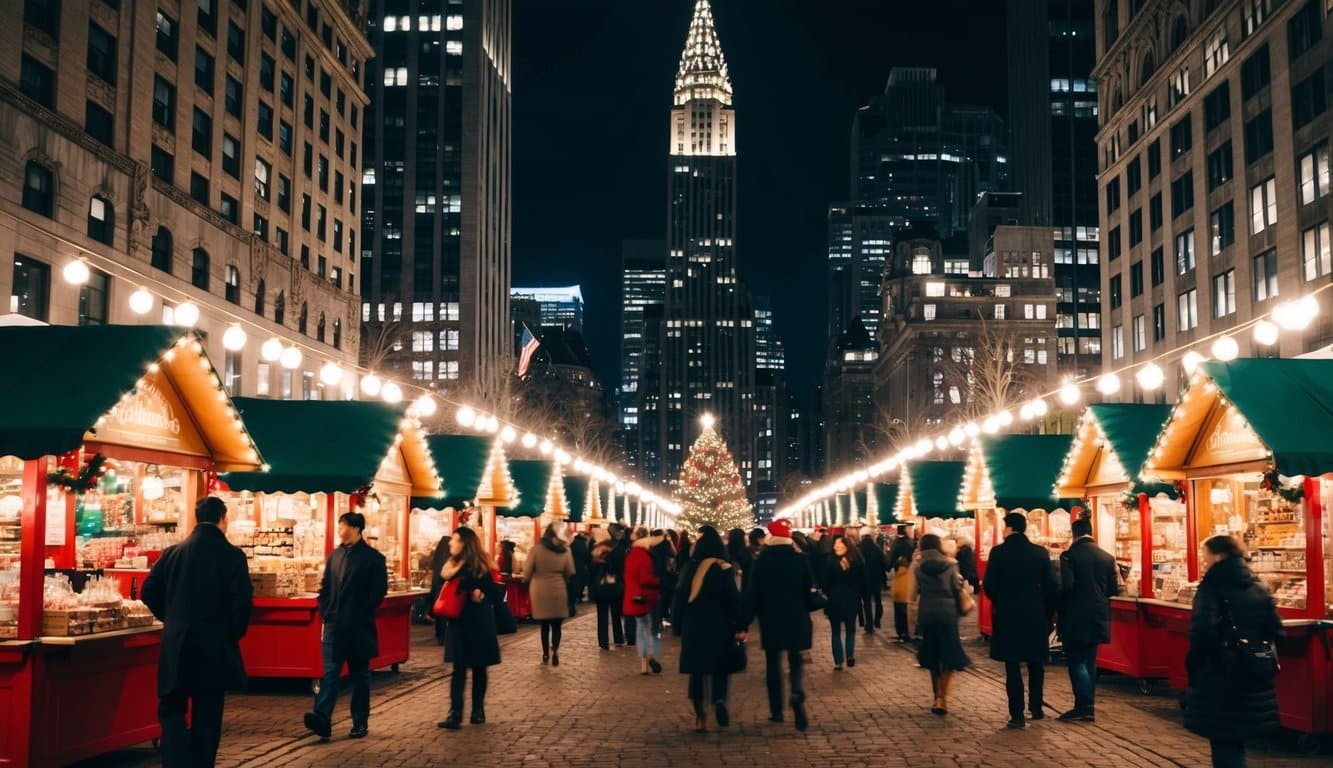 A bustling holiday market with festive stalls and twinkling lights in Columbus Circle, NYC