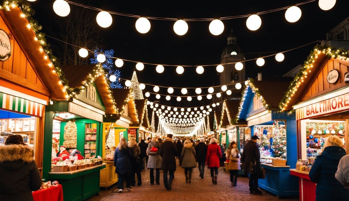 A bustling Christmas market in Baltimore, with colorful stalls, twinkling lights, and festive decorations creating a joyful and cozy atmosphere